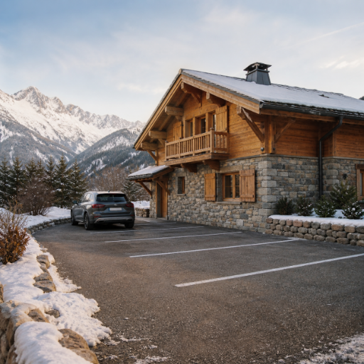 Stationnement devant un chalet en hiver