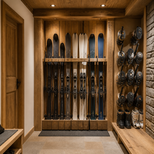 Ski room avec supports pour skis et chaussures